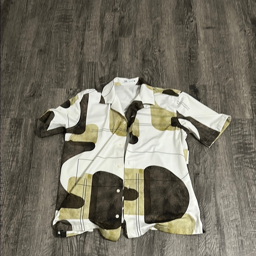 Zara White and Brown Casual Button Down Shirt